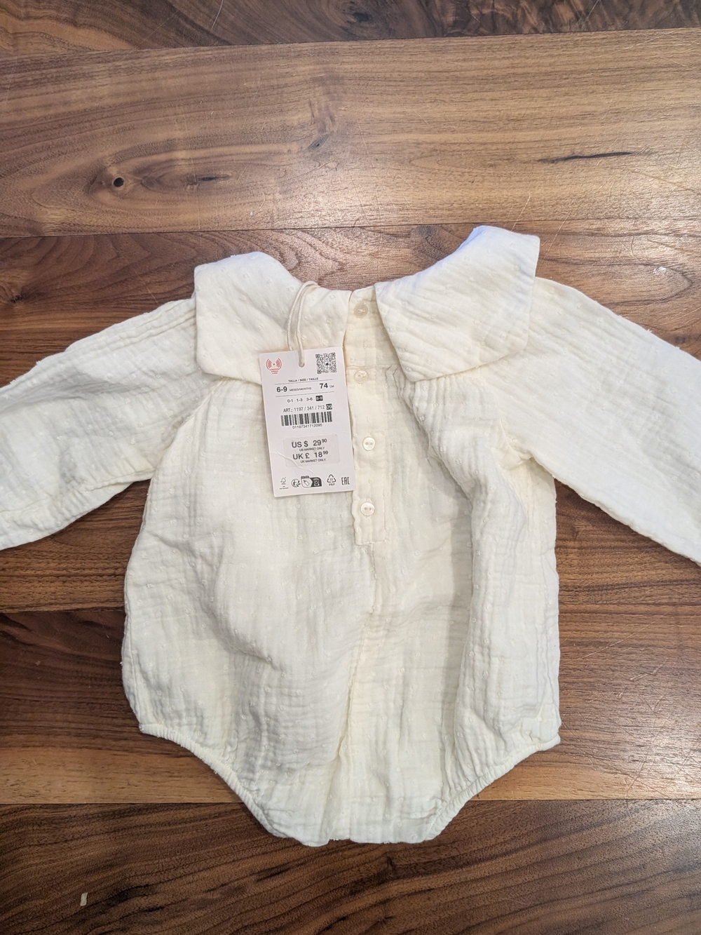 Zara Cream Long-Sleeve Cotton Baby Bodysuit